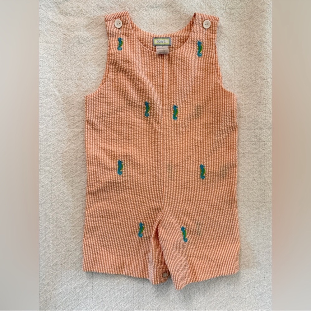 K&L VTG Orange Seersucker Shortall with Green Embroidered Seahorses